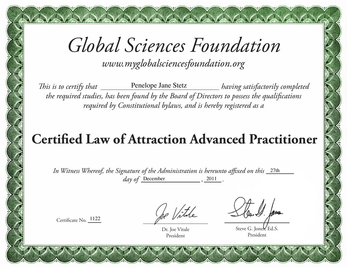 Certified Law of Attraction Advanced Practitioner certificate