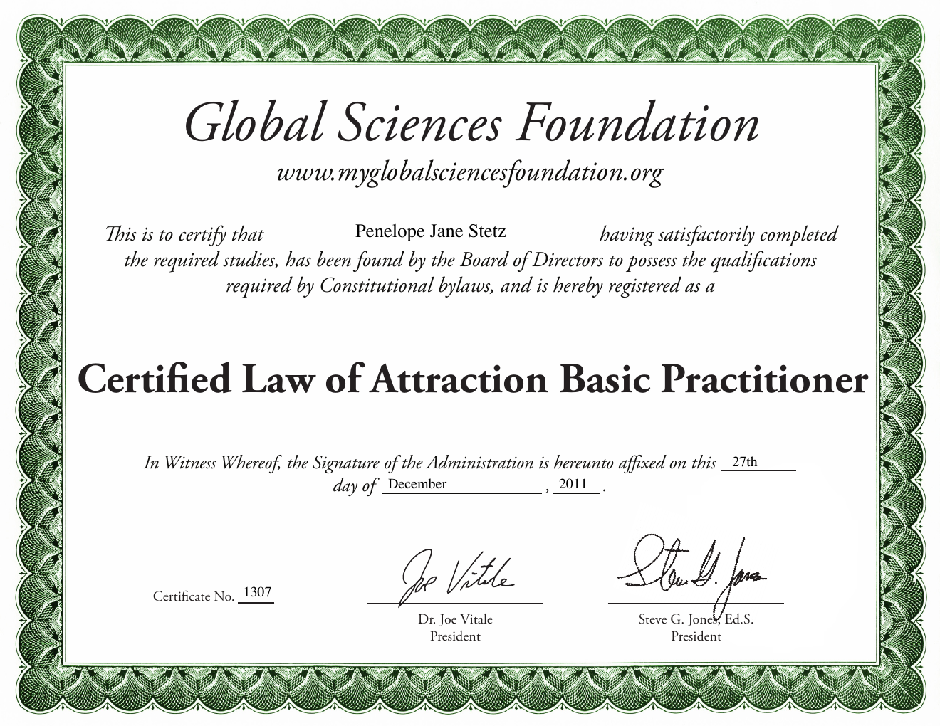 Certified Law of Attraction Basic Practitioner certificate